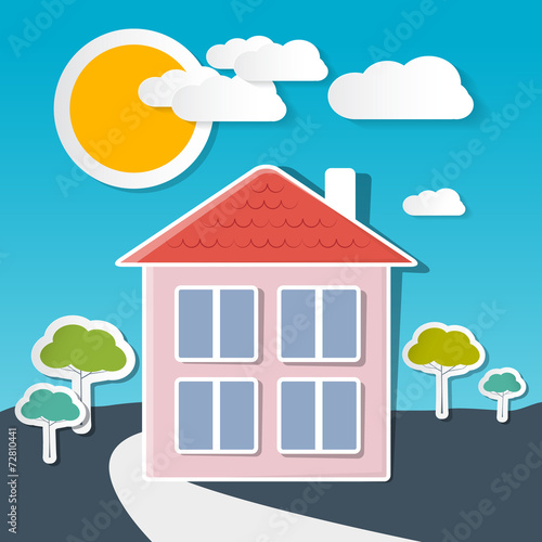 Vector House on Sunny Day with Trees and Clouds