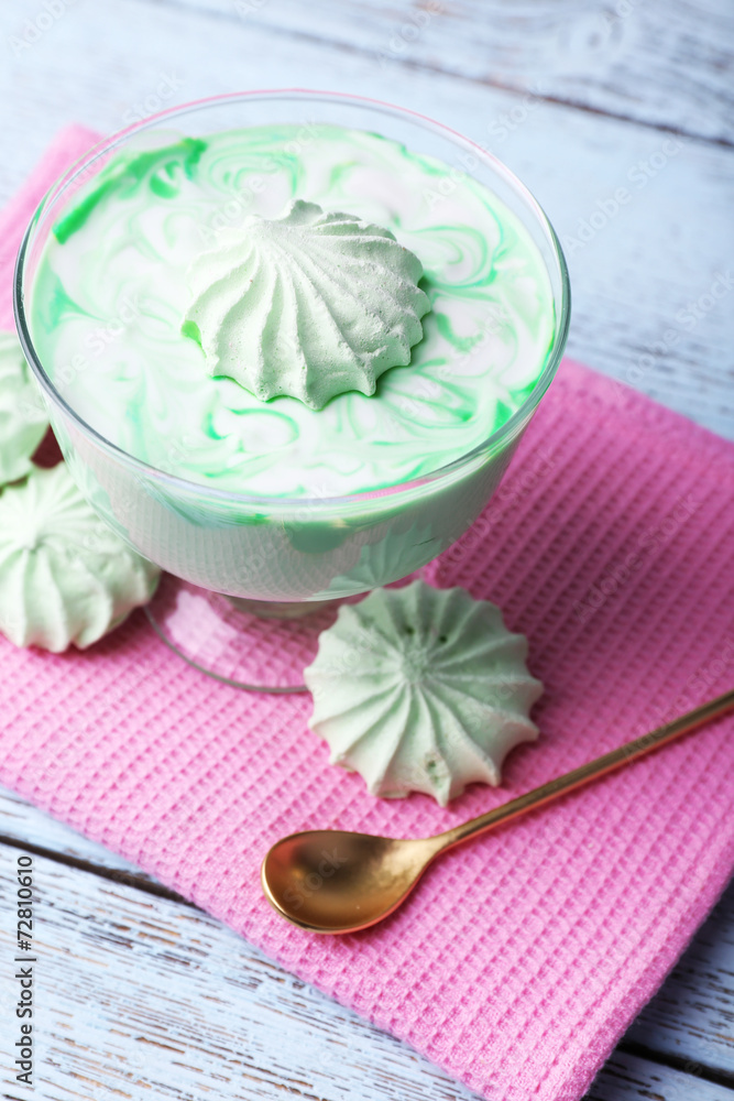 Mint milk dessert in glass bowl on color wooden background Mint milk dessert in glass bowl on color wooden background