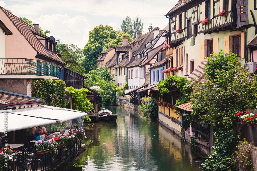 Panoramic view on canal in Petite Venice neighborhood of Colmar,