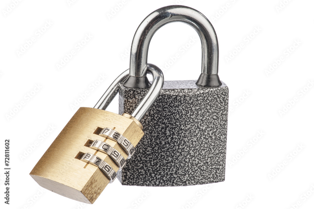 Two linked padlocks with reflections on a white background Two linked padlocks with reflections on a white background