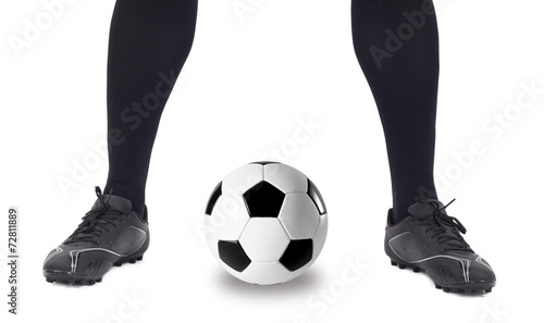 Legs of soccer player with ball on white