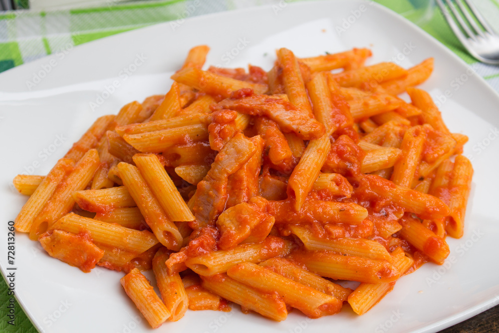 pasta, italian food, penne all'amatriciana pasta, italian food, penne all'amatriciana