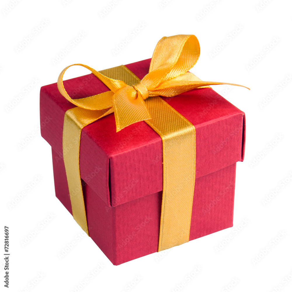 Obraz premium Single red gift box with golden ribbon
