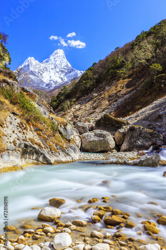 Snow covered mountains and rocky peaks in Himalaya