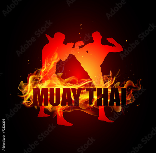 Thai boxing is high kicking to head with muay thai fire vector photo
