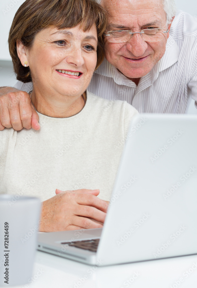 Seniors couple using a laptop computer with a loving Seniors couple using a laptop computer with a loving