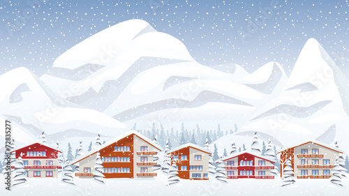 Mountain ski resort in winter