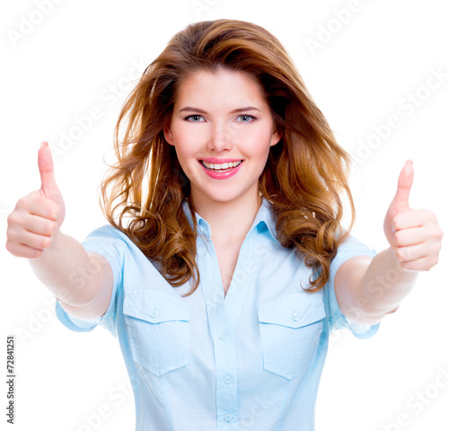 Wallpaper Mural Сheerful happy woman with thumbs up sign. Torontodigital.ca