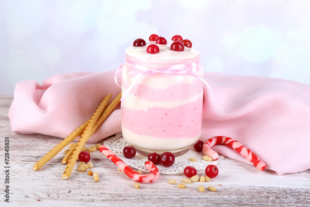 Raspberry milk dessert in glass jar, Raspberry milk dessert in glass jar,