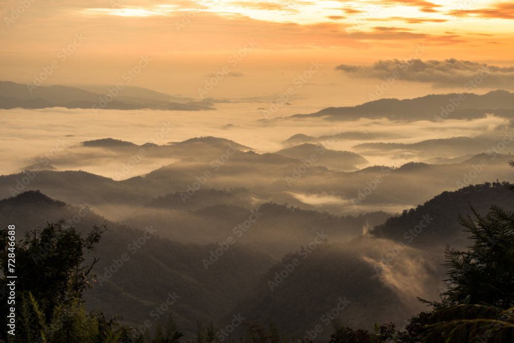 The fog covered the mountains range in Chiang Rai the province in northern region of Thailand in winter season.