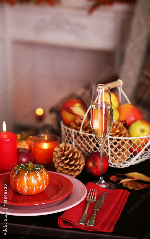 Festive autumn serving table in room Festive autumn serving table in room