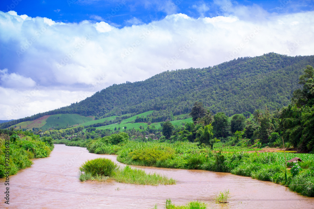 Natural scene of river and mountain in Chiangmai, Thailand