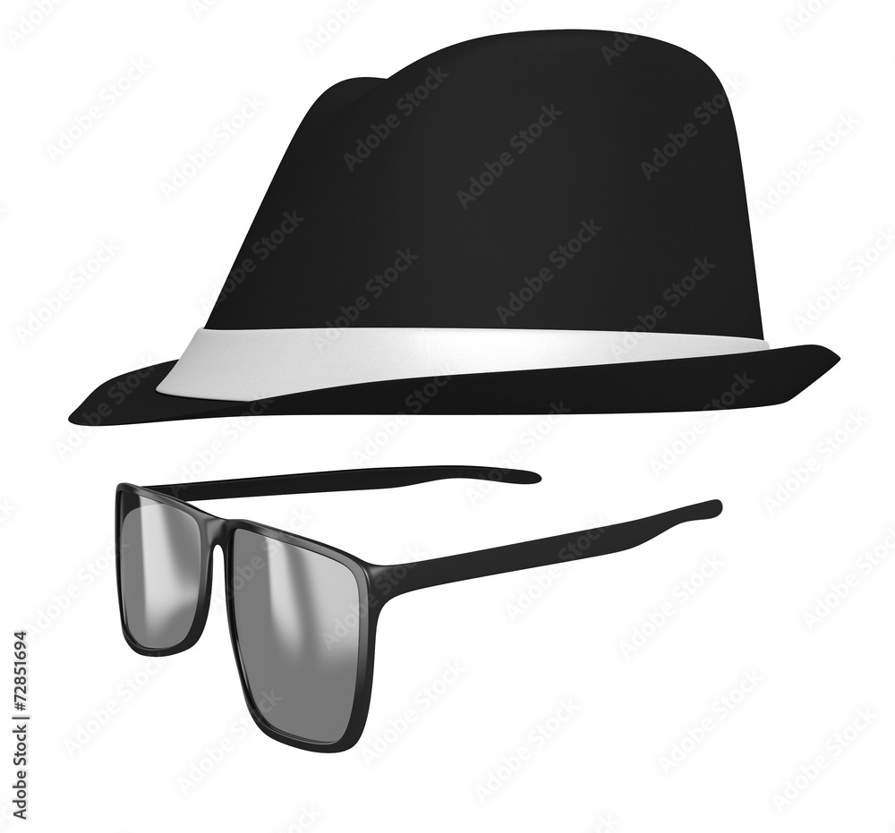 Identity concept of a retro fedora hat and dark glasses disguise