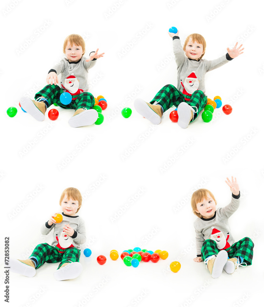 Obraz premium happy boy playing with colorful balls on a white background
