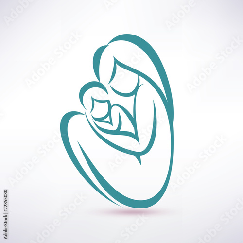 young mom hugs her baby, stylized vector symbol