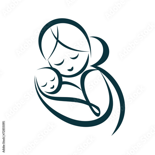 young mom hugs her baby, stylized vector symbol