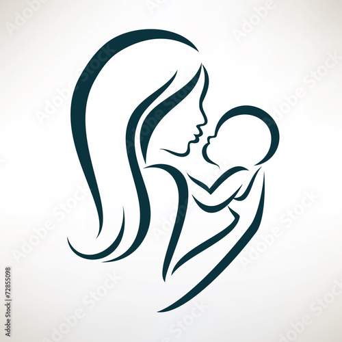 mom and baby stylized vector symbol, outlined sketch