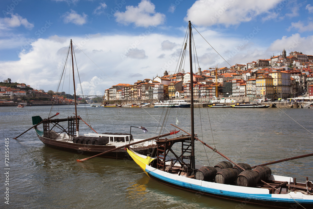 Boats with Wine Barrels on Douro River in Porto
