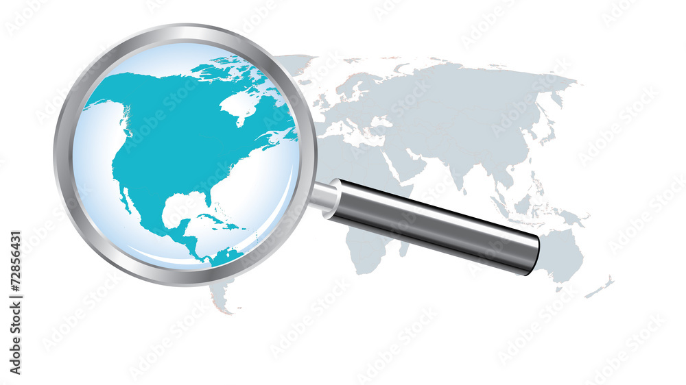 World map with North America magnified by loupe World map with North America magnified by loupe
