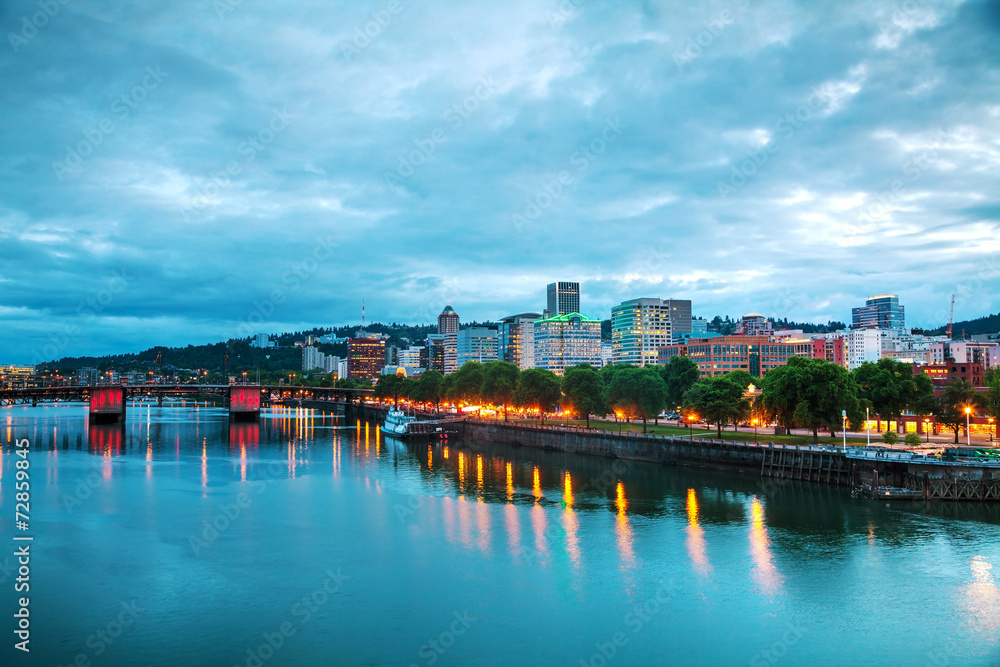 Downtown Portland cityscape at the night time