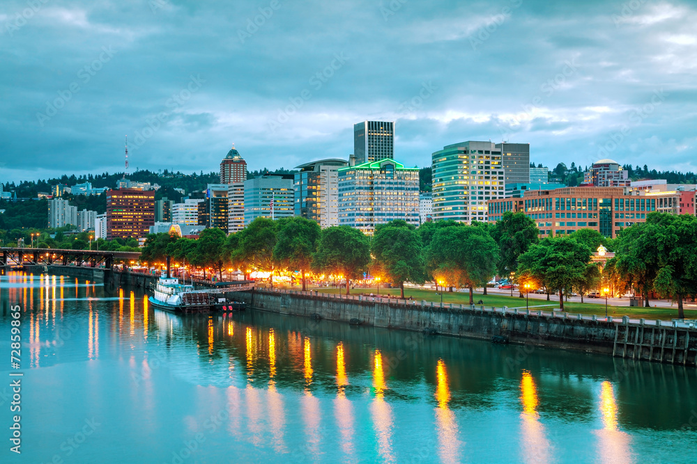Downtown Portland cityscape at the night time