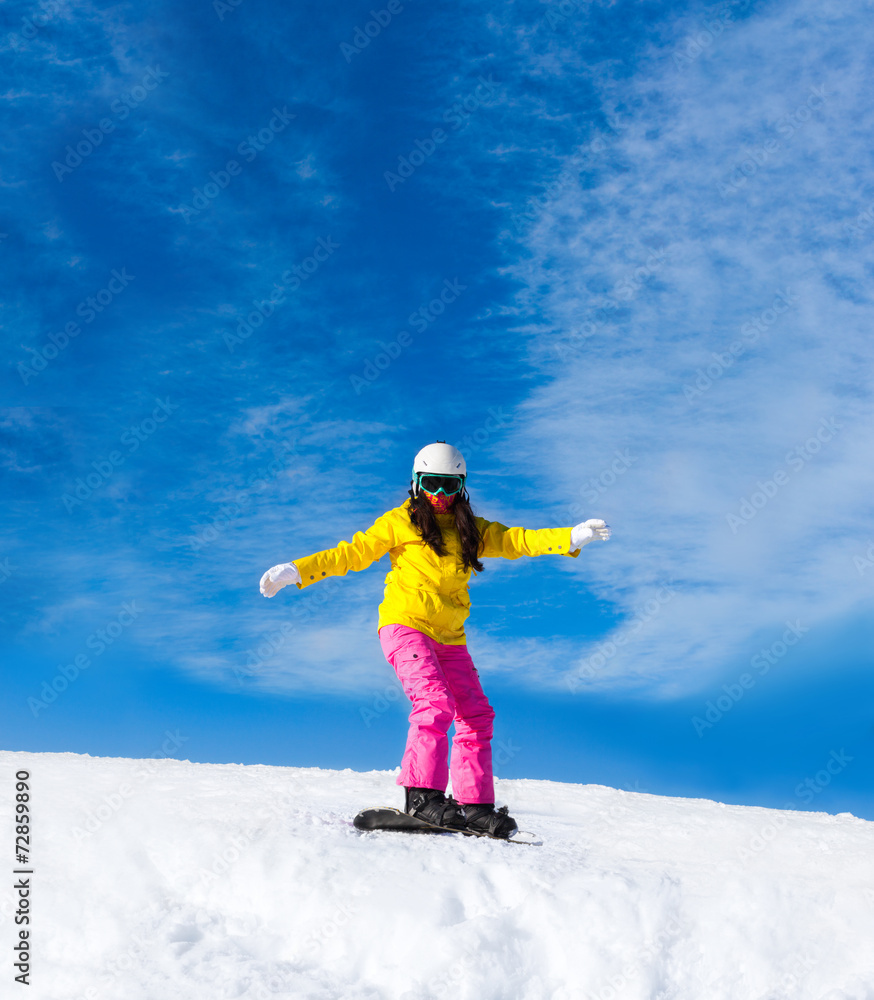 Snowboarder sliding woman down hill, snow mountains Snowboarder sliding woman down hill, snow mountains