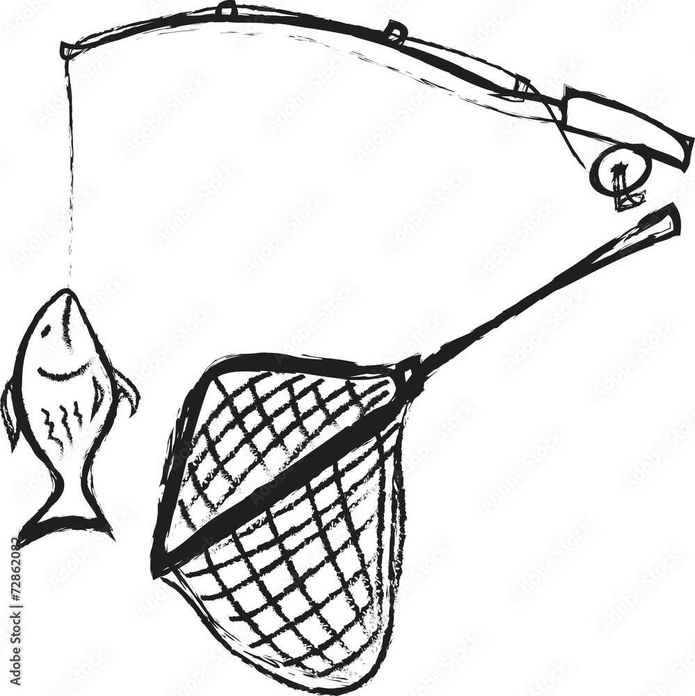 doodle Fishing rod, hooked fish and fishing net Stock Illustration