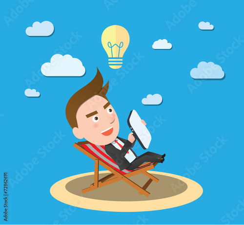 Funny flat character businessman vacation concept