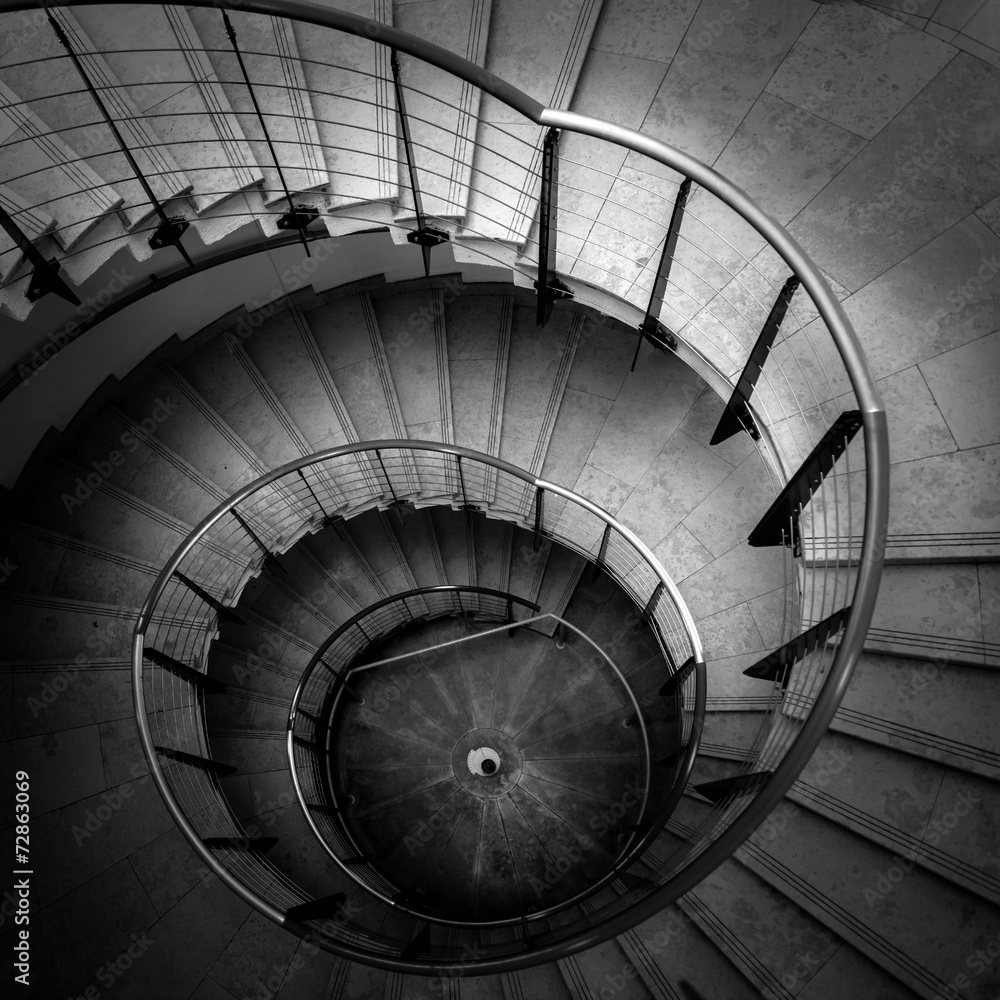 Upside view of a spiral staircase - obrazy, fototapety, plakaty 