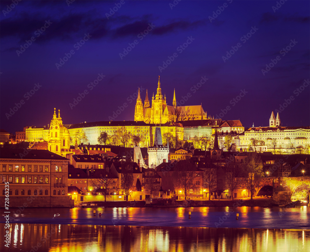 View of Charles Bridge and Prague Castle in twilight