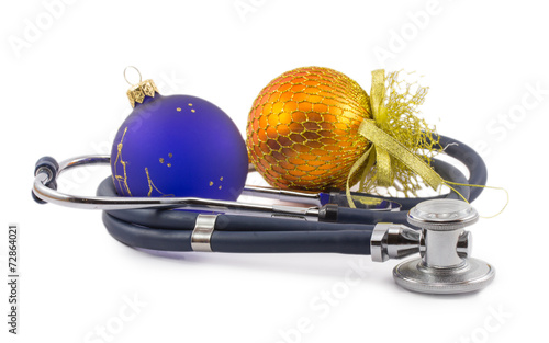 phonendoscope of Christmas decorations isolated on white backgro