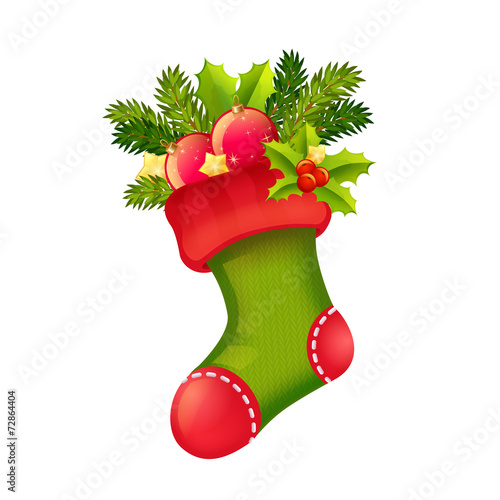 Cute Christmas realistic stocking full of presents isolated