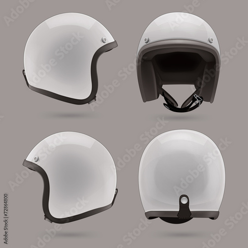 White motorbike classic helmet. Front, back and side view photo