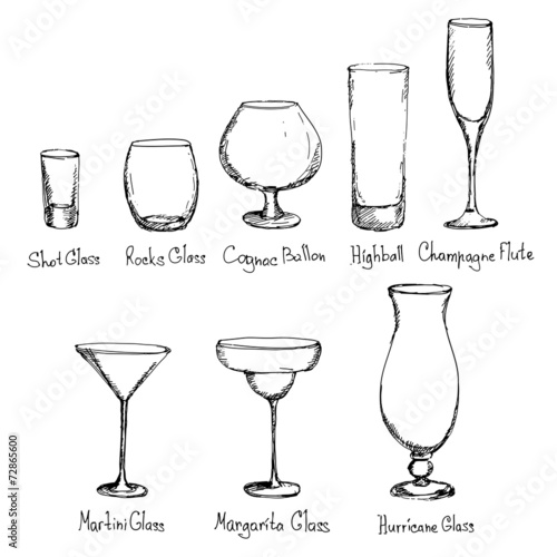 Hand drawn different kinds of glasses. Vector illustration.