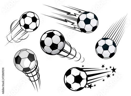 Canvas Print Speeding footballs or soccer balls