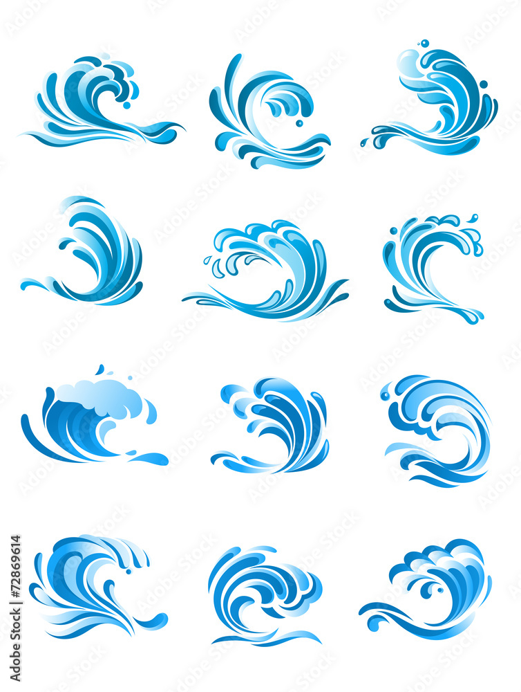 Fototapeta premium Curling blue waves set