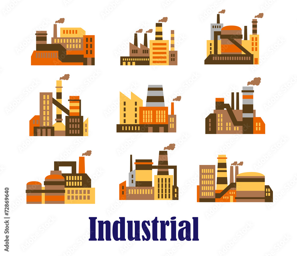 Flat industrial icons of plants and factories