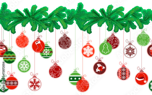 Fototapeta Naklejka Na Ścianę i Meble -  Seamless festive Christmas garland with fir and  balls