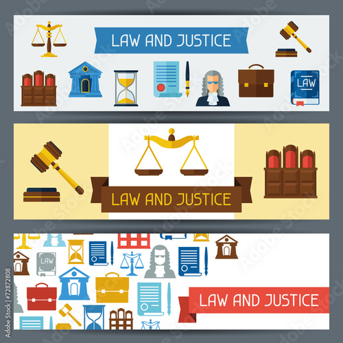 Law and justice horizontal banners in flat design style.