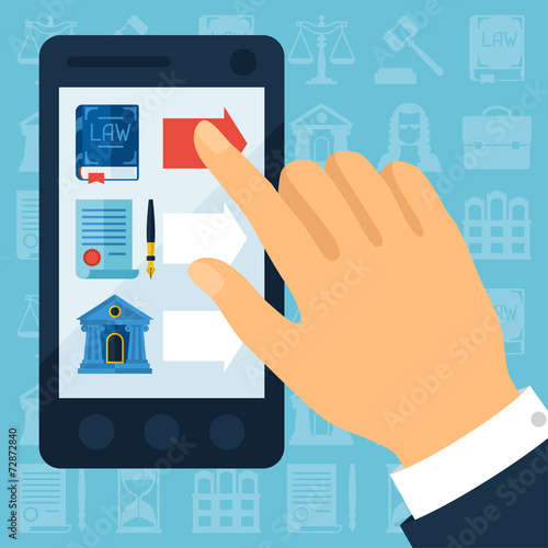 Concept illustration with mobile phone and law icons.
