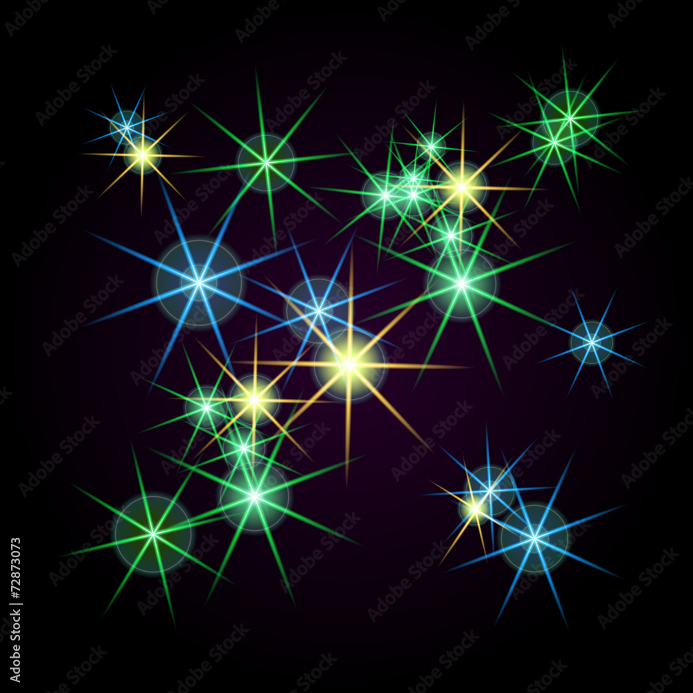 Fototapeta premium Bright stars of different colors on a black background. Raster