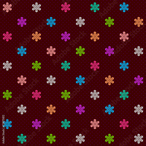 Dark dotted winter seamless pattern with multicolor snowflakes