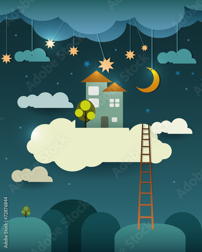 Abstract paper cut,fantasy home sweet home ,moon with stars