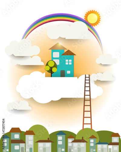 Abstract paper,fantasy home sweet home ,sun with rainbow