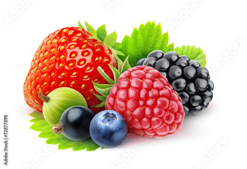 Isolated fresh berries. Strawberry, blackberry, raspberry, black currants, blueberry gooseberry isolated on white background, with clipping path