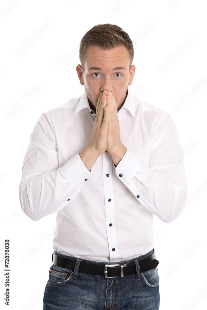Shocked and disappointed isolated man looking serious and afraid Shocked and disappointed isolated man looking serious and afraid