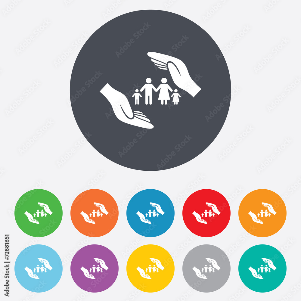 Family life insurance sign icon. Hands protect.
