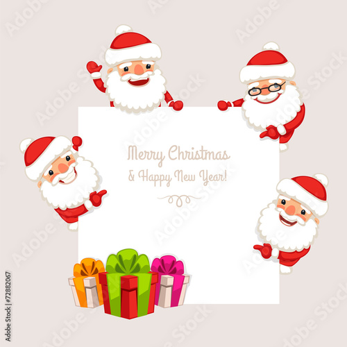 Set of Cartoon Santa Clauses Behind a White Empty Board