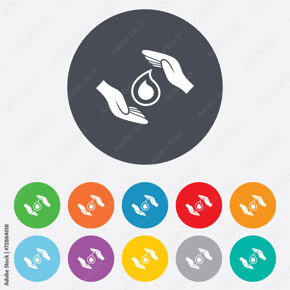 Save water sign icon. Hands protect water drop. Save water sign icon. Hands protect water drop.