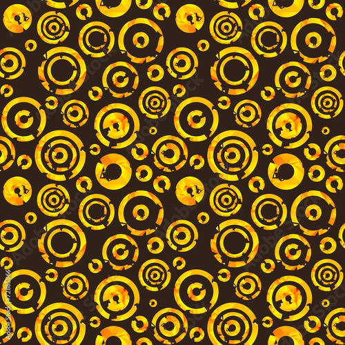 Seamless pattern with gold circles on dark background.